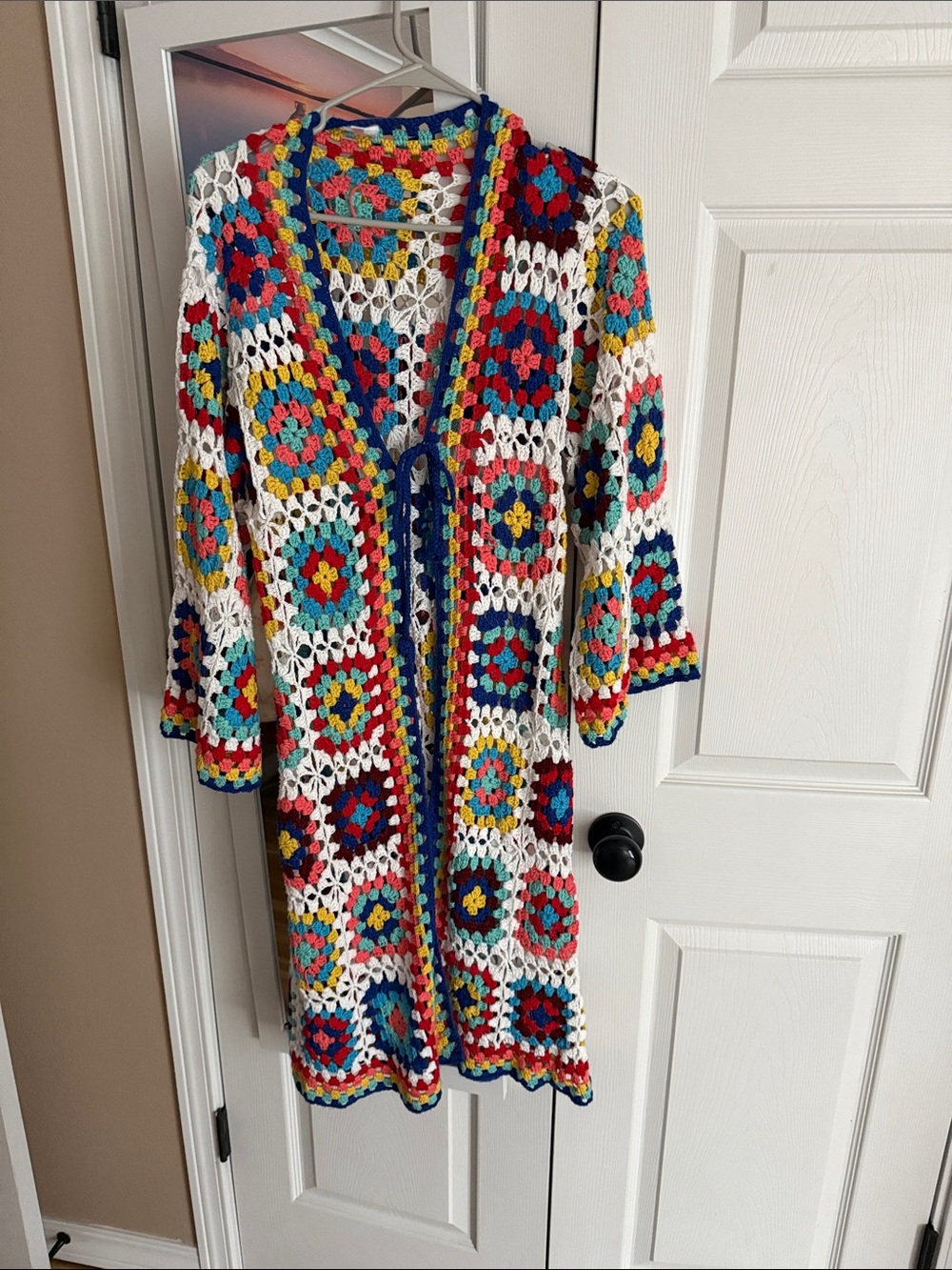 Crochet Granny Square Long Open Cardigan - Multicolor